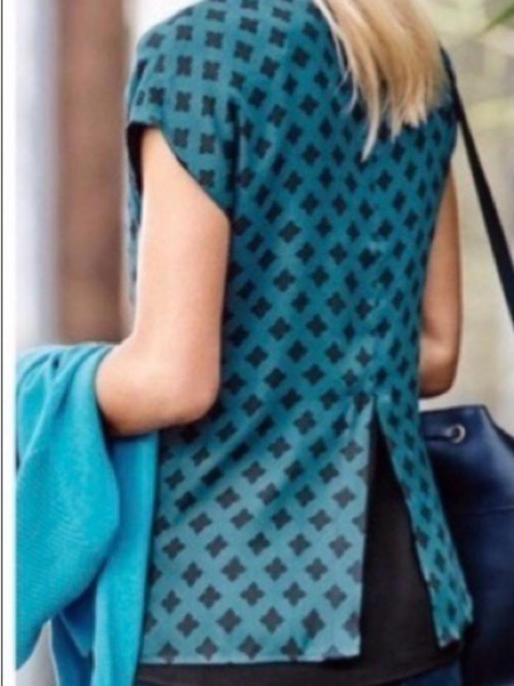 CAbi #3274 Foulard Top-Teal Geometric Split-Back Blouse